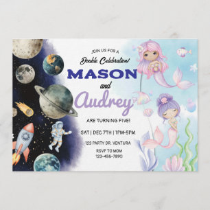 Sibling Birthday, Joint Birthday, Space, Mermaid Invitation