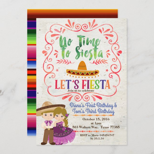 Sibling Blonde Fiesta Mexican birthday invitation (Front/Back)