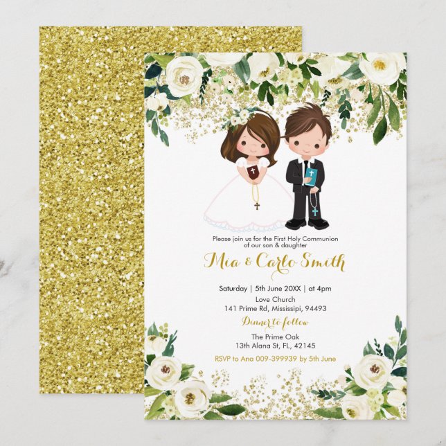 Sibling Boy and Girl White Floral First Communion Invitation (Front/Back)