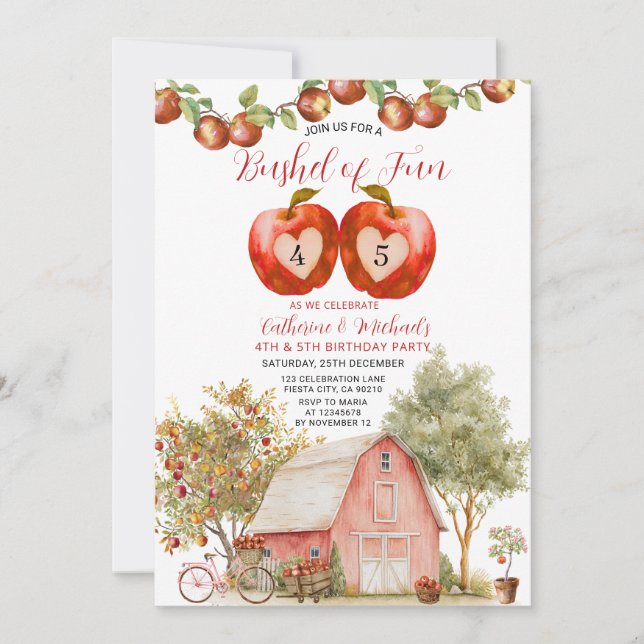 Sibling Bushel of Fun Birthday Apple Kid Birthday Invitation (Front)