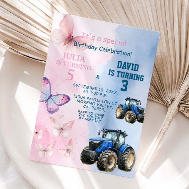Sibling Butterfly and Tractor Joint Birthday Invitation (Creator Uploaded)