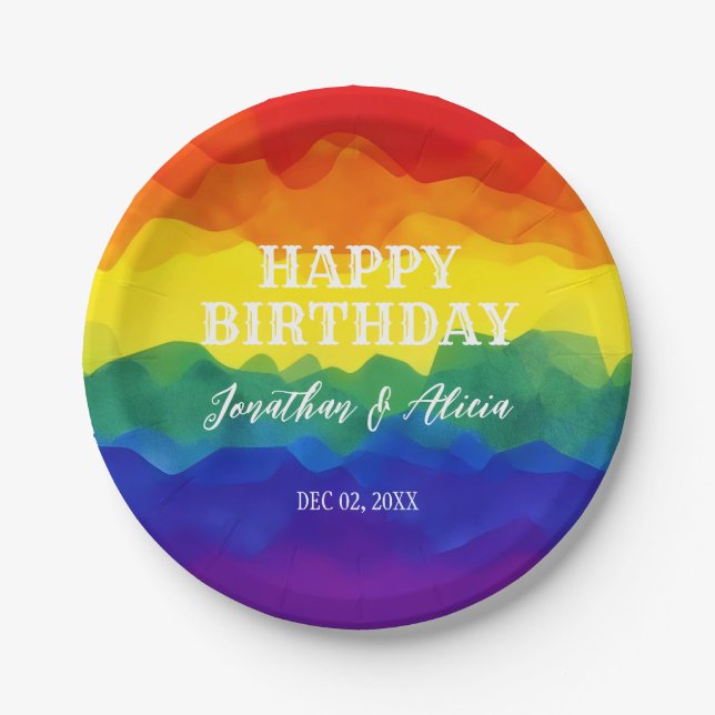 Sibling Colourful Rainbow Joint Birthday  Paper Plate (Front)