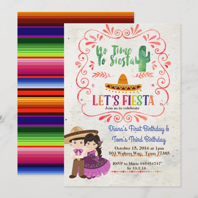 Sibling Fiesta Mexican birthday invitation (Front/Back)