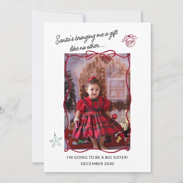 Sibling Holiday Pregnancy Announcement Photo Card (Front)