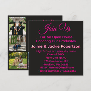 Sibling Open House Modern Black & Pink Graduation Invitation