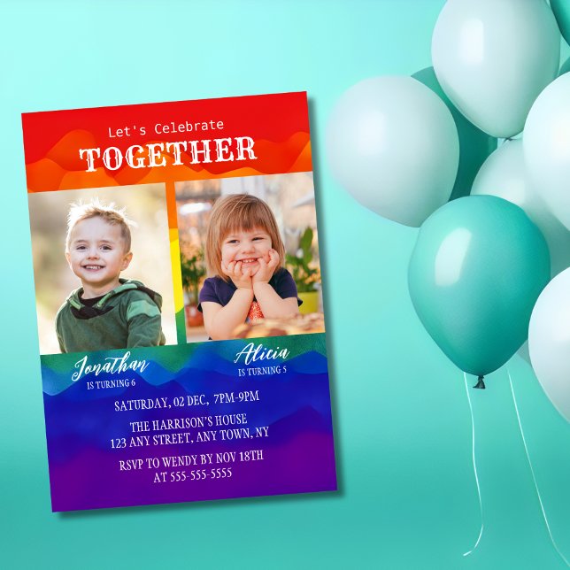 Sibling Photo Colourful Rainbow Joint Birthday  Invitation (Creator Uploaded)