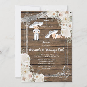 Sibling Silver Fiesta Boy Baptism Birthday Invitation