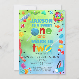 Siblings candy sweet one sweet two boys invite. invitation