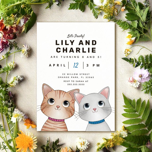 Siblings duo birthday party with two kittens  invi invitation (Creator Uploaded)