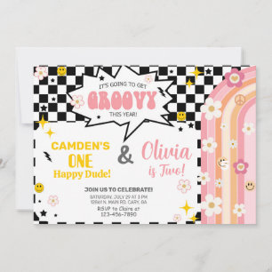 Siblings GROOVY boy and girl birthday invitation. Invitation
