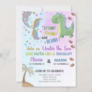 Siblings mermaid and dinosaur birthday invite. invitation