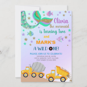 Siblings mermaid and dump truck birthday invite. i invitation