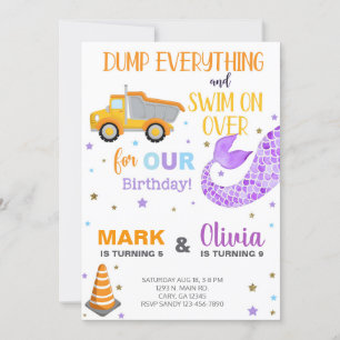 Siblings mermaid and dump truck birthday invite. i invitation