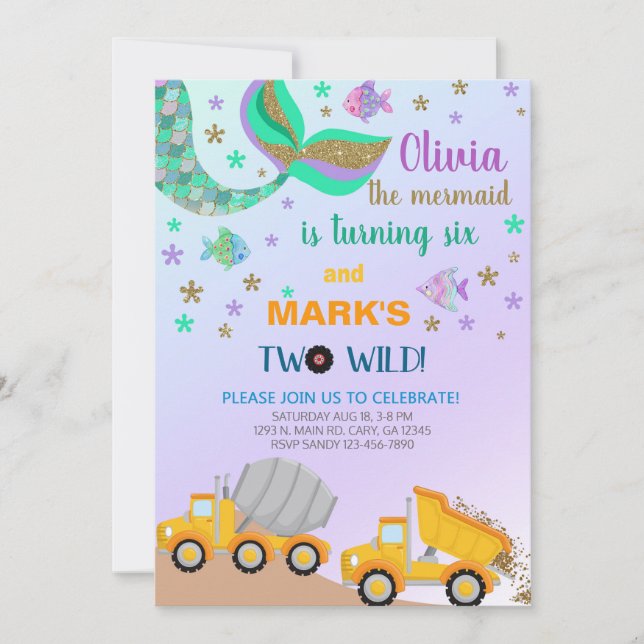 Siblings mermaid and dump truck birthday invite. invitation (Front)