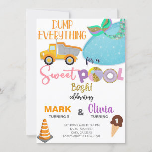 Siblings mermaid and dump truck birthday invite. invitation