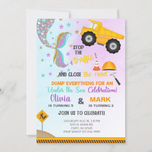 Siblings mermaid and truck birthday invite. invitation