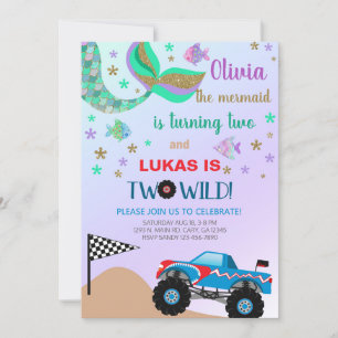 Siblings mermaid & monster truck birthday invite.  invitation