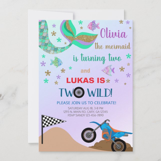 Siblings mermaid & motorbike birthday invite. invitation (Front)