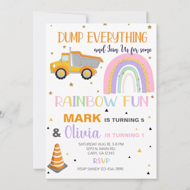 Siblings rainbow and dump truck birthday invite. invitation (Front)