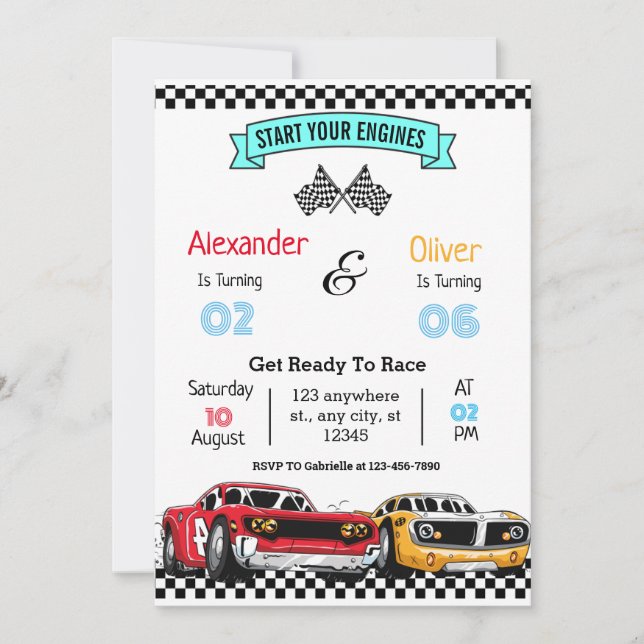 Siblings Retro Racing Car Birthday Invitation (Front)