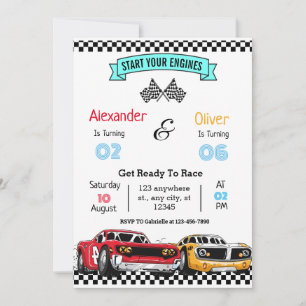Siblings Retro Racing Car Birthday Invitation