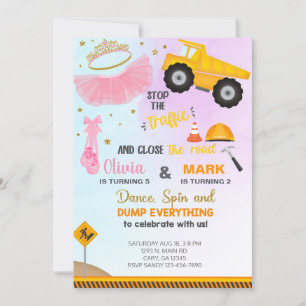 Siblings tutu and dump truck birthday invite. invitation