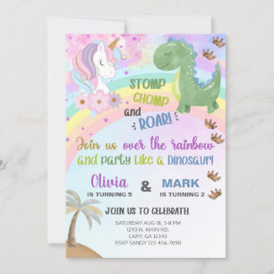 Siblings unicorn and dinosaur birthday invite. invitation