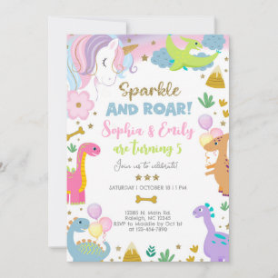 Siblings unicorn and dinosaurs invitation. invitation