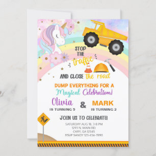 Siblings unicorn and dump truck birthday invite. invitation