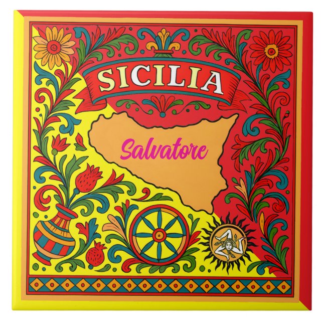 Sicilia Sicilian Design Tile (customise with name) (Front)