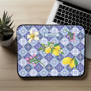 Sicilian Blue Ceramic Tile Citrus Pattern Laptop Sleeve