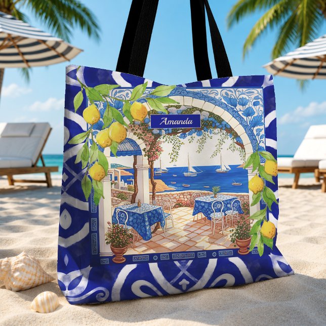 Sicilian Blue Majolica Citrus Tile Pattern Tote Bag (Creator Uploaded)