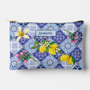 Sicilian blue Mediterranean citrus ceramic tiles  Accessory Pouch