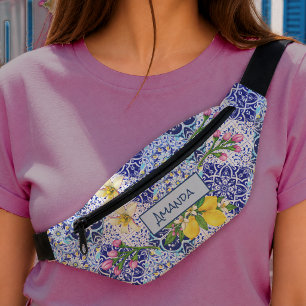 Sicilian blue Mediterranean citrus ceramic tiles Bum Bags