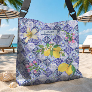 Sicilian blue Mediterranean citrus ceramic tiles Crossbody Bag