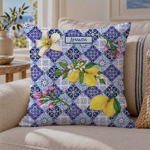 Sicilian Blue Mediterranean Citrus Ceramic Tiles Cushion