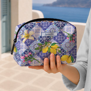 Sicilian blue Mediterranean citrus ceramic tiles Dopp Kit