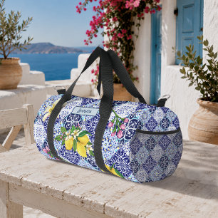 Sicilian blue Mediterranean citrus ceramic tiles Duffle Bag