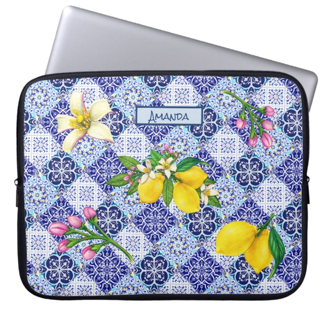 Sicilian blue Mediterranean citrus ceramic tiles  Laptop Sleeve (Front)