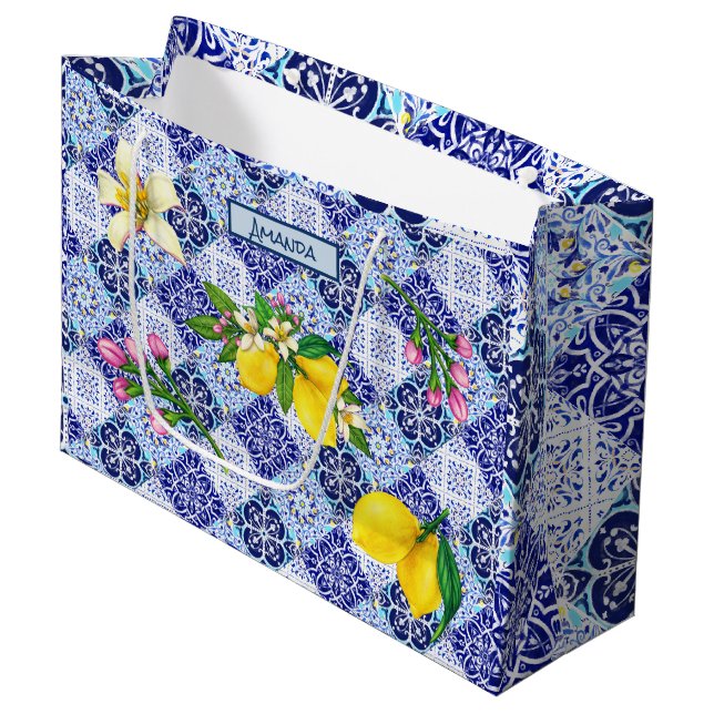 Sicilian blue Mediterranean citrus ceramic tiles  Large Gift Bag (Front Angled)
