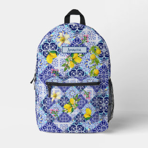 Sicilian blue Mediterranean citrus ceramic tiles Printed Backpack