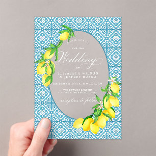 Sicilian Blue Tiles Summer Lemon Boho Wedding Acrylic Invitations