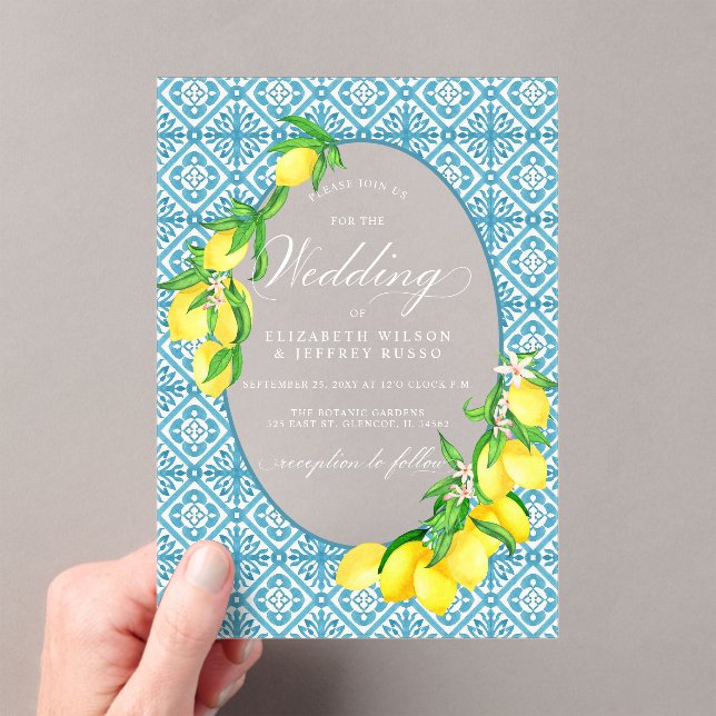 Sicilian Blue Tiles Summer Lemon Boho Wedding Acrylic Invitations (Insitu (Handheld))