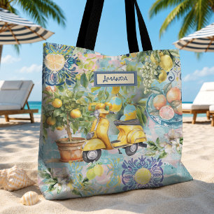 Sicilian Blue Turquoise Chic Citrus Floral Collage Tote Bag