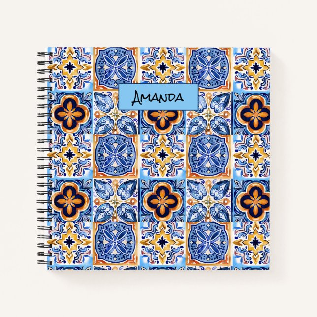  Sicilian Blue white Mediterranean ceramic tiles Notebook (Front)