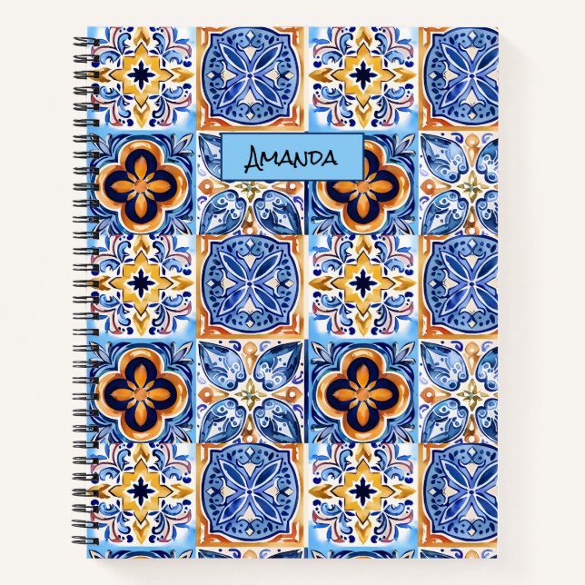  Sicilian Blue white Mediterranean ceramic tiles Notebook (Front)