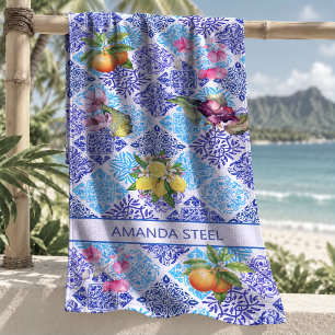 Sicilian Blue Yellow Azulejo Citrus Floral Beach Towel