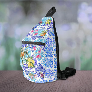 Sicilian Blue Yellow Azulejo Citrus Floral Tile Sling Bag