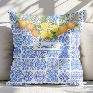 Sicilian blue yellow citrus Mediterranean azulejo  Cushion