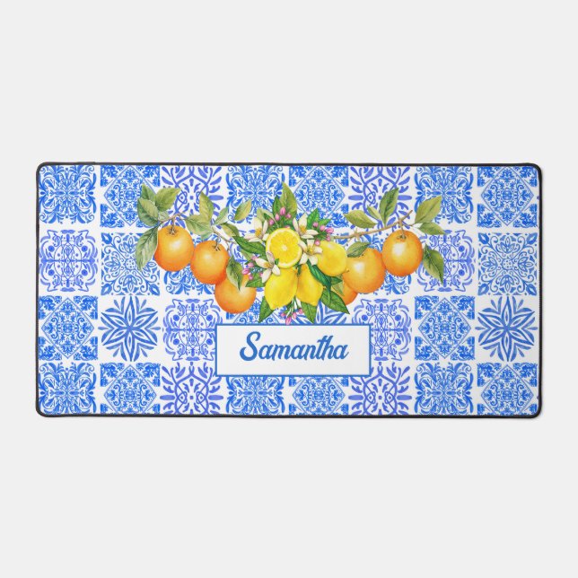 Sicilian blue yellow citrus Mediterranean azulejo  Desk Mat (Front)